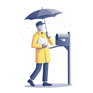 A mailman wearing a bright yellow raincoat is standing outside, delivering mail. He is holding an umbrella that is partially open to shield himself from the rain. The mailman is holding a stack of letters in his other hand, ready to place them in a mailbox. Raindrops are falling around him, creating a sense of a rainy day atmosphere. The scene captures the essential elements of his role while showcasing the interaction with the elements of weather.