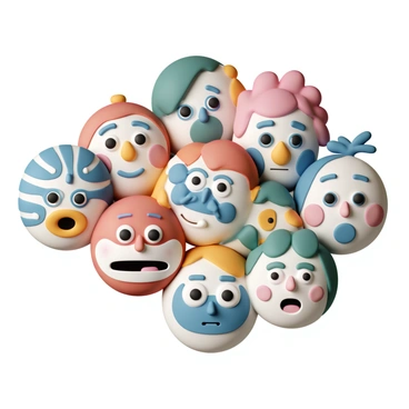 A collection of several abstract faces with varying expressions, showcasing emotions such as happiness, sadness, and surprise. Each face has a unique design characterized by bold and vibrant colors, including red, blue, yellow, and green. The faces feature intricate patterns, incorporating stripes, dots, and swirls that enhance their individuality. Some faces have exaggerated features, like large eyes and wide smiles, while others have more subdued expressions. The arrangement of the faces creates a dynamic composition, filling the frame with energy and visual interest.