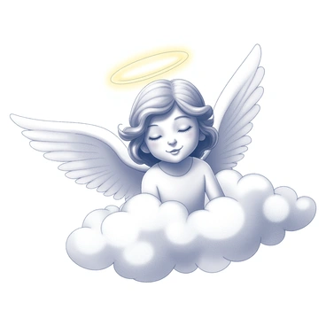 An angel with delicate wings is floating gracefully among fluffy white clouds. The angel's face is serene and gentle, embodying a sense of peace. A golden halo surrounds the head of the angel, adding a luminous quality to its presence. The fluffy clouds are soft and billowy, creating a dreamy atmosphere that envelops the scene. The light emanating from the halo casts a subtle glow, illuminating the angel's features and the surrounding clouds.