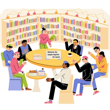 A cozy bookstore interior with wooden bookshelves filled with colorful books. In the center, a round table is covered with stacks of free sample chapters, each neatly arranged and inviting. Several attendees, a diverse group of people, are sitting on comfortable chairs, some reading, while others chat animatedly. Soft lighting from overhead lamps creates a warm atmosphere. A small coffee station is set up in one corner, with steaming cups and pastries available for guests. A "Welcome to Our Bookstore Event!" sign is displayed prominently on the table.