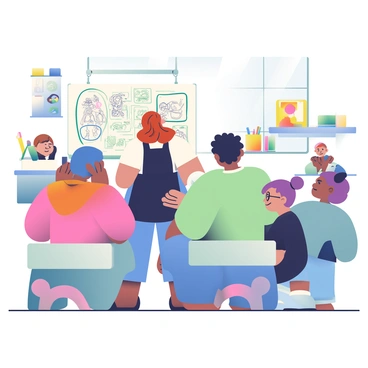 An artist with long, wavy brown hair and wearing a black apron is standing at the front of a room filled with colorful art supplies. The artist is demonstrating character design techniques on a large sketchpad. The attentive group consists of four individuals: a woman with short blue hair wearing glasses, a man with curly black hair taking notes, a young person with dyed purple hair focused on the sketch, and another person with a bun hairstyle holding a tablet. The walls of the room are adorned with various character illustrations, and there is a large window letting in bright natural light, illuminating the creative atmosphere.