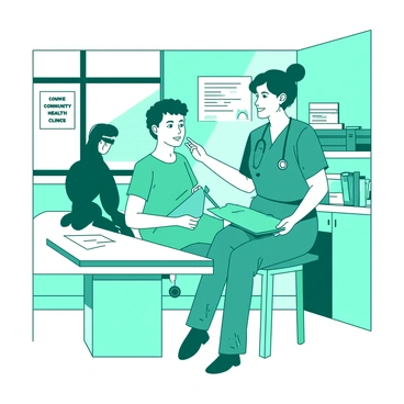 A teal nurse is attentively providing care to a patient at a community health clinic. The nurse is wearing scrubs and has a stethoscope around their neck. The clinic is bright and organized, featuring a white examination table and various medical supplies neatly arranged on a nearby shelf. The nurse is smiling reassuringly while holding a clipboard, as the patient, who looks comfortable sitting on the examination table, engages in conversation. In the background, there is a window letting in natural light, and a poster about health tips is visible on the wall.