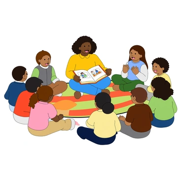 A teacher with medium skin and curly hair is sitting cross-legged on a multicolored rug. The teacher is wearing a bright yellow shirt and blue jeans. She is holding an open storybook with illustrations visible on the pages. Surrounding her are several children of diverse backgrounds, each sitting in a circle. The children have various hairstyles and clothing colors, showing excitement as they listen to the story. The rug features a pattern of shapes and colors, adding vibrancy to the scene.