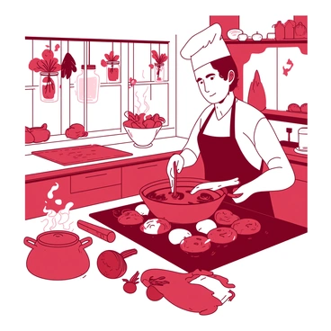 A red and white cozy kitchen scene features a chef with a white hat and apron standing at the stove. The chef is stirring a pan filled with vibrant beets that are roasting, their rich color contrasting with the pan. Above the stove, there are hanging pots and jars filled with herbs, adding to the home's warmth. The kitchen counters are lined with various vegetables and a chopping board, with subtle light coming from a window illuminating the scene. A steaming pot sits nearby, creating an inviting atmosphere.