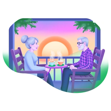 An elderly couple is sitting on a cozy porch, enjoying a peaceful evening. The woman has silvery gray hair tied in a loose bun, wearing a light blue sweater. The man has a gentle smile, with gray hair and glasses, dressed in a comfortable plaid shirt. They are seated on a pair of matching rocking chairs. In the background, a breathtaking sunset paints the sky with vibrant shades of orange, pink, and purple. Silhouetted trees frame the scene, while a small table between them holds two cups of steaming tea. The atmosphere conveys a sense of tranquility and companionship.