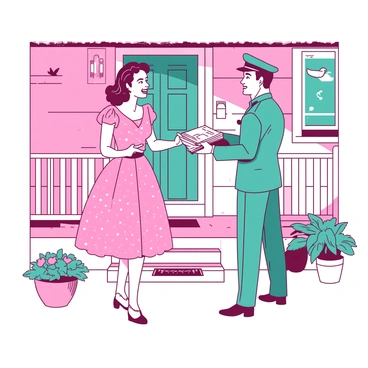 A pink 1950s housewife with a polka dot dress is standing on her charming white front porch. She has a bright smile as she receives a stack of letters from a teal postman wearing a crisp uniform. The porch is adorned with potted flowers and a small doormat. The house behind her features vintage shutters and a cheerful front door. The postman is handing over the mail with a friendly expression, while a small bird can be seen perched on the porch railing.