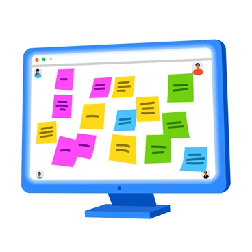 A virtual brainstorming session with colorful sticky notes on a virtual whiteboard.
