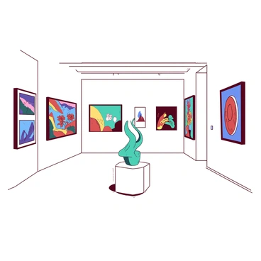 A white gallery space features a diverse collection of artworks displayed on walls, showcasing various pieces in different styles. Each artwork is framed elegantly, with a mix of colors creating visual interest. Some artworks are vibrant with bold lines, while others have softer, more delicate features. In the center of the room, a small teal sculpture sits on a pedestal, drawing attention as it contrasts against the white walls. Bright lighting illuminates the pieces, enhancing their colors and details, inviting viewers to explore and appreciate the creativity on display.