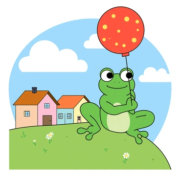A vibrant green frog with big, round eyes is standing on top of a grassy hill. It is holding a large, colorful balloon that is red with yellow polka dots. Below the hill, a quaint village is visible, with small houses painted in various pastel colors and rooftops of different shapes. The sky is clear and bright, filled with fluffy white clouds. The frog's expression is cheerful as it gazes out over the village, and a few wildflowers are scattered around its feet on the hill.