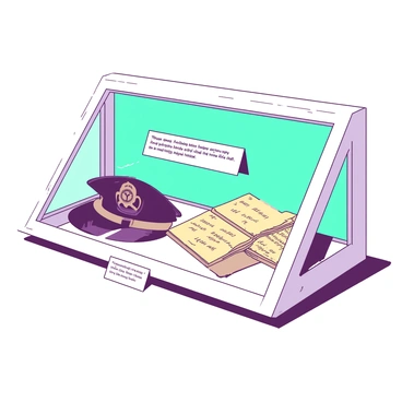 A white display case is positioned in a well-lit museum setting. Inside the case, there are several artifacts related to the "Mapp v. Ohio" case. Prominently displayed is a vintage police badge, polished and gleaming. Next to it, there is a stack of old documents, some yellowed with age, featuring typed text and signatures that reflect the historical significance of the case. An open book, showcasing a page with legal terminology, lies beside the documents. Behind the artifacts, a subtle teal background enhances the visibility and importance of each item in the display case. A small placard is also present, clearly labeled with quotes from the case, providing context for the viewers. The overall arrangement is tidy, creating an educational focal point for visitors.