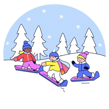 A group of children sledding down a snowy hill. The children are wearing colorful winter jackets and hats. The sleds are bright red and blue, gliding smoothly over the white snow. In the background, there are snow-covered trees with fluffy white branches. The sky is a clear blue, and small snowflakes are gently falling.