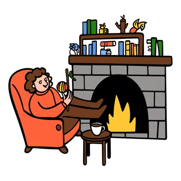 A hobbit with curly brown hair and large, round feet is sitting comfortably in a cozy armchair by a warm, crackling fireplace. The hobbit is wearing a knitted sweater and brown trousers, holding a pair of knitting needles in one hand and a colorful ball of yarn in the other. The fireplace is surrounded by wooden shelves filled with books and knick-knacks, and a small table next to the chair holds a cup of tea. The soft glow from the fire casts a warm light around the room, creating a peaceful and inviting atmosphere.