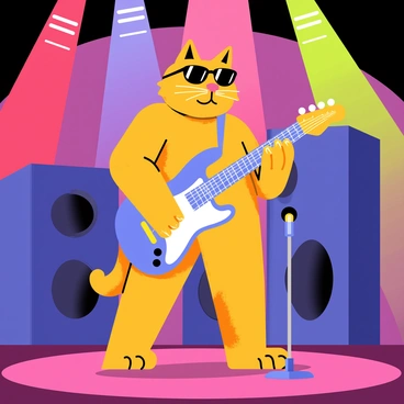 A cartoon-style illustration of a cat playing an electric guitar on a stage. The cat has a fluffy orange coat and wears sunglasses. The electric guitar is brightly colored in blue with yellow accents. The stage is equipped with large speakers and is bathed in colorful bright lights, including reds, greens, and purples, creating a lively atmosphere. The cat stands confidently, strumming the guitar, while a microphone is positioned in front of it.