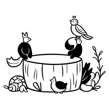 A wise owl perched on the edge of a large round wooden table, its wings slightly spread as if it is preparing to speak. A clever fox sits on one side of the table, its bushy tail curling around its paws. On the opposite side, a turtle with a patterned shell rests comfortably, looking intently at the others. Various natural elements such as leaves and small branches are placed around the table, enhancing the scene of this animal council gathering.