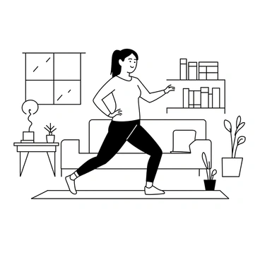 A person wearing comfortable athletic clothing is performing heel taps on a yoga mat laid out on the floor of a living room. The individual is in a balanced stance, with one leg lifted and their heel tapping the floor. Surrounding them are various elements typical of a living room, such as a couch, a coffee table, and a bookshelf filled with books. Natural light streams in through a window, illuminating the space. A potted plant is positioned in the corner, adding to the homey atmosphere.