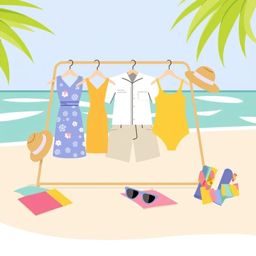 A collection of resort wear displayed on a sandy beach by the seaside. The scene features several colorful outfits, including a light blue sundress with floral patterns, a white linen shirt paired with beige shorts, and a vibrant yellow swimsuit. Each outfit is hung on wooden racks, swaying gently in the breeze. In the background, turquoise waves crash softly against the shore, and a clear blue sky stretches overhead. Beach accessories like woven straw hats, sunglasses, and colorful beach towels are scattered around the scene, enhancing the vacation vibe.