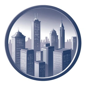 A round frame displaying a city skyline at night. The skyline is characterized by a variety of tall buildings, each featuring different architectural designs. The city lights illuminate the structures, creating a contrast against the dark night sky. Some buildings have visible windows reflecting light, while others have unique rooftop features such as antennas or decorative elements. In the background, the outline of distant structures can be seen, giving depth to the scene. The overall composition conveys a sense of activity and energy within the urban landscape.