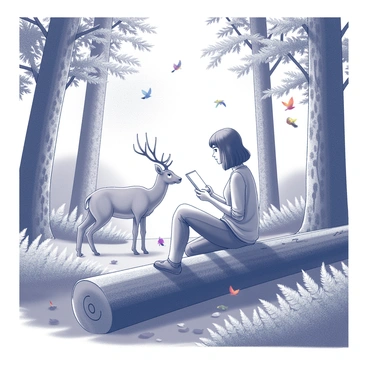 A young woman with a focused expression is sitting on a fallen log in a dense forest. She has shoulder-length hair tied back and is wearing a comfortable, practical outfit suitable for outdoor exploration. In her lap, she holds a small, open notebook, and she is sketching the wildlife she observes. Surrounding her are tall trees with intricate bark textures, and dappled sunlight filters through the leafy canopy above. Nearby, a deer grazes quietly while colorful birds flit around, adding movement to the serene atmosphere. The ground is covered with a mix of lush green ferns and scattered leaves, enhancing the natural setting.