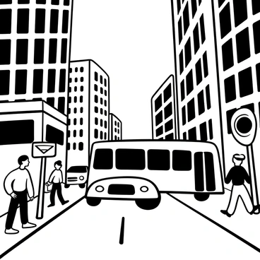 A white school bus driving down a busy city street. Tall skyscrapers loom on either side, their windows reflecting the surrounding architecture. Pedestrians are walking along the sidewalks, some carrying briefcases and others chatting. Traffic signs are visible, and a few cars are lined up behind the bus. The scene is dynamic, capturing the hustle and bustle of urban life.