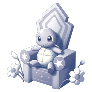 A "Squirtle" is sitting on a throne that resembles a formation of "stars." The throne has intricate details designed to reflect a celestial theme, with star shapes and cosmic patterns. Surrounding the throne are "cosmic flowers," which have elongated petals and appear to float in the space around the throne. The setting gives an impression of depth, as if situated in a vast cosmic expanse. The "Squirtle" has an expression of calm and regal authority, with its shell and features clearly defined against the backdrop of the throne and flowers.
