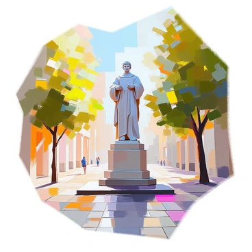 A historic statue made of stone, depicted in shades of grey and white, stands majestically in a public square. The statue features intricate carvings that highlight the details of the figure, showcasing a strong posture and expressive facial features. Surrounding the statue, there is a cobblestone path leading up to it, and green foliage from nearby trees provides a natural frame. The atmosphere is illuminated by soft, diffused sunlight, casting gentle shadows that emphasize the texture of the stone.