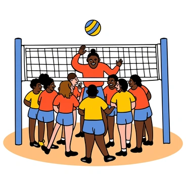 A volleyball team with diverse players huddled closely together on a sandy court. Each player is wearing matching brightly colored uniforms, showcasing their team colors. The players are focused and engaged, some with intense expressions, while others are listening attentively. The captain, a tall player with short black hair, is animatedly explaining the strategy with hand gestures. Surrounding them are volleyball nets and a blue sky overhead, indicating the outdoor setting. The scene captures a moment of camaraderie and teamwork before the start of an important match.