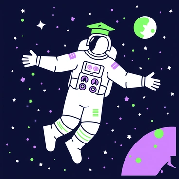 An astronaut in space wearing a graduation cap, floating among the stars