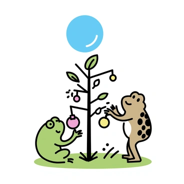 A small tree stands in the center of the scene, adorned with colorful ornaments. A green frog, with smooth skin and bulging eyes, is hanging a shiny red bauble on one of the lower branches. Nearby, a brown toad, with a bumpy texture and a friendly expression, is placing a string of twinkling lights around the trunk. The ground is covered with lush green grass, and a few scattered leaves add to the cheerful atmosphere. Above them, a clear blue sky completes the festive setting.