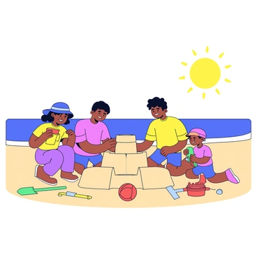 A happy family is actively building sandcastles on a sunny beach. The family consists of two adults and two children. The adults are kneeling beside the sandcastle, shaping the sand with their hands, while one child holds a bright yellow bucket and the other holds a small blue shovel. Colorful beach toys, including a red ball and a green rake, are scattered around them in the soft sand. The sun is shining brightly, casting warm light over the scene. The ocean waves can be seen gently lapping at the shore in the background.