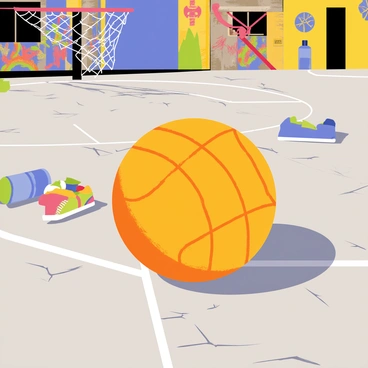 A bright orange basketball resting on the cracked gray pavement of an urban street court. The basketball is partially surrounded by colorful graffiti on the walls nearby. A vibrant blue and red mesh hoop can be seen in the background, attached to a weathered wooden backboard. Scattered around the court are a few worn sneakers and a blue water bottle, adding to the lively atmosphere of the scene. Sunlight casts playful shadows, emphasizing the textures of the pavement and the vibrant colors of the setting.
