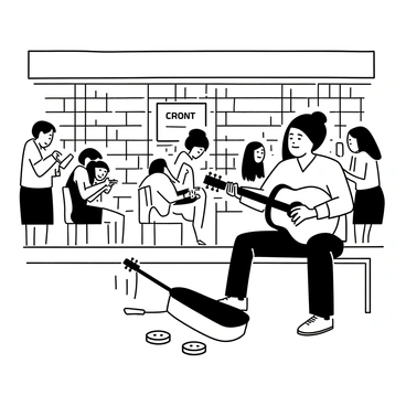 A street musician is playing a guitar on a subway platform, surrounded by a crowd of people. He has a beanie on his head and is wearing a casual shirt with rolled-up sleeves. His guitar rests against his knee as he strums a lively tune. Passengers are waiting for their trains, some glancing towards the musician, while others are lost in their own world, looking at their phones or chatting. A few coins are placed in a open guitar case in front of him. The walls of the subway station have tiled patterns, and there are advertisements visible in the background.