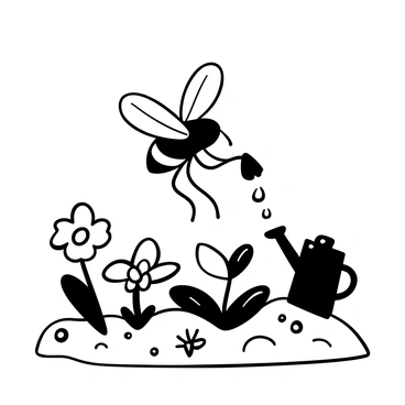 A fly with detailed wings is hovering over a tiny garden filled with miniature plants. The garden features a variety of small flowers and green leaves. The fly is holding a tiny seed in its legs, preparing to plant it in the soft soil. A small watering can is placed nearby, with droplets of water gently falling onto the plants. The scene captures the intricate details of the garden, with textures of soil, leaves, and flower petals clearly visible.