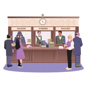 A digital flat illustration depicting an old-time banking scene. The interior features classic teller windows made of dark wood, with intricate carvings and brass detailing. Behind the windows, there are two tellers, one with light skin and glasses, wearing a vest and tie, and another with medium skin wearing a bow tie. In front of the windows, there are a few customers waiting in line. One customer has dark skin, wearing a long coat and a fedora, while another customer has light skin, dressed in a vintage dress with a parasol in hand. The walls are adorned with ornate wallpaper and a large clock hangs above, indicating the time. There are also details like a vintage cash register and stacks of paperwork on the counters.