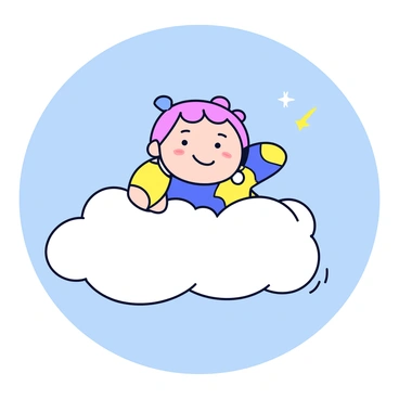 A character with a round face and big eyes is floating on a fluffy white cloud. The character has a blissful smile, showing happiness. The cloud has a soft, puffy texture, and it is bright against a clear blue sky. The character wears a colorful outfit with playful patterns, making the scene feel cheerful and lighthearted.