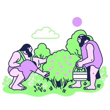 A group of Neanderthal foragers is actively collecting wild herbs and berries in a sunny meadow. The Neanderthals are depicted with robust physiques, wearing clothing made from animal hides. One forager is crouched down, carefully picking bright berries from a bush, while another stands nearby holding a woven basket filled with gathered herbs. Surrounding them, the meadow is dotted with various flowering plants and greenery. In the background, a few trees provide shade, and the sky is clear with the sun shining brightly overhead.