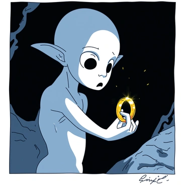 A pale figure resembling Smeagol is standing in a dimly lit cave. His large, wide eyes are filled with a haunted expression as he gazes intensely at a glowing golden Ring held tightly in his hand. His skin is a ghostly white, and his thin, emaciated frame is hunched over slightly. Shadows play across his face, emphasizing the desperation and longing in his expression. The atmosphere is thick with tension as the Ring's light casts a faint glow over Smeagol’s features, highlighting the conflict within him.