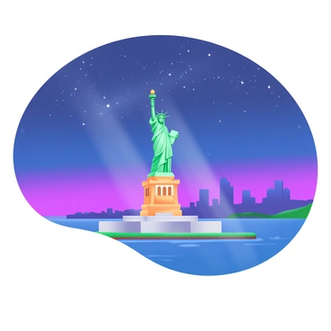 A modern pastel illustration of the "Statue of Liberty" standing proudly on Liberty Island. The statue is illuminated by soft lights, highlighting its features and green patina. Above the statue, a vast night sky filled with twinkling stars creates a striking contrast, with deep blues and hints of purple. The scene captures the serene atmosphere of a clear evening, with gentle waves in the surrounding water reflecting the lights. Silhouettes of distant cityscapes can be seen on the horizon, adding depth to the composition.