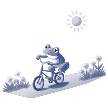 A frog with a cheerful expression is riding a small bicycle. The frog's legs are positioned on the pedals, and it is balancing skillfully as it moves along a path. The path is bordered by an array of flowers, adding detail to the scene. The sun shines brightly overhead, casting distinct shadows and illuminating the vibrant flowers along the edges of the path. The overall composition captures the playful nature of the frog and its whimsical journey.