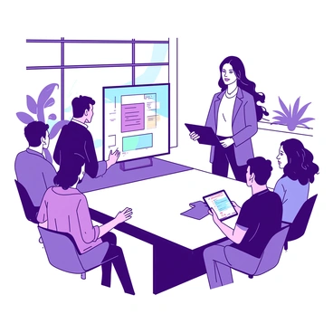 A woman with long dark hair is standing confidently at the front of a modern office, presenting her startup idea. She is wearing a stylish blazer and holding a tablet that displays a colorful presentation. In front of her, a group of diverse investors is seated around a sleek conference table. The investors consist of individuals of various ethnicities and genders, each engaged and listening attentively. The office has large windows allowing natural light to fill the space, and there are contemporary furnishings and some potted plants in the background.