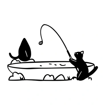 A cat sitting quietly by a pond, with its body slightly turned towards the water, holding a fishing rod in its paws. The fishing rod is extended over the edge of the pond, with a small line dangling into the water. Surrounding the pond, there are rocks and patches of grass, adding texture to the scene. Small ripples can be seen on the surface of the water, indicating movement beneath. The cat has a sleek silhouette and a poised posture, exhibiting patience as it waits for a catch.