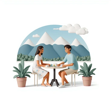 A couple sitting at a small round table on a terrace, enjoying tea together. The man is wearing a light blue shirt and beige shorts, while the woman is wearing a white sundress with floral patterns. They are smiling at each other, holding delicate teacups. The terrace is adorned with potted plants, and a soft breeze is gently rustling the leaves. In the background, a scenic landscape is visible, featuring majestic mountains with snow-capped peaks and a lush expanse of greenery below. The sky is clear with a few fluffy clouds scattered throughout.