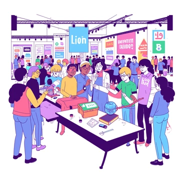 A large exhibition hall filled with various colorful gadgets and inventions displayed on tables. In the center, a group of inventors is enthusiastically explaining their creations to interested visitors. Each inventor has a distinct appearance, with one wearing glasses and pointing at a small blue robotic device, another showcasing an orange handheld gadget with buttons. The hall is filled with vibrant banners, some featuring the words "Innovation Fair" in large letters. People of different ages are gathered around, interacting and asking questions about the inventions.