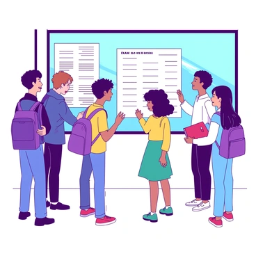 A group of five students is standing in front of a school notice board. Three students, two boys and a girl, are peering closely at the large white paper filled with printed exam results. One boy has short brown hair and is wearing a blue jacket, while the other boy has curly black hair and sports a yellow t-shirt. The girl, with long straight hair, is wearing a teal dress. The two remaining students, a girl with a purple backpack and a boy holding a red notebook, are chatting animatedly off to the side, glancing at the notice board. Excitement and nervousness are visible on their faces as they discuss their scores.