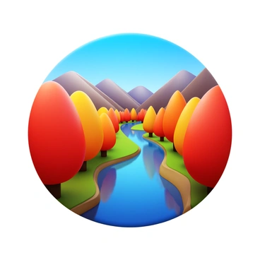 A panoramic view featuring vibrant autumn foliage in shades of red, orange, and yellow. The scene includes a winding river flowing through the landscape. The sky is a clear blue, contrasting with the warm colors of the trees. The mountains in the distance are partially visible, adding depth to the vista. The river reflects the colors of the surrounding trees, enhancing the beauty of the autumn scenery.