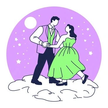 A couple is dancing together on a moonlit night. The man is wearing a formal suit and the woman is dressed in a flowing gown that sways as they move. They are surrounded by twinkling stars in the night sky. In the foreground, there are soft curves representing the ground beneath their feet. The couple is positioned centrally, creating a focus on their graceful movements and joyful expressions. The stars above are scattered throughout the sky, adding to the enchanting atmosphere.