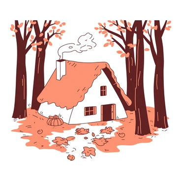 A white cottage with a thatched roof is nestled among tall trees in the woods. The cottage has small windows with wooden shutters, and smoke gently rises from the chimney, indicating a warm fire inside. The ground around the cottage is covered in a thick layer of fallen orange leaves, creating a vibrant carpet that contrasts with the bark of the trees. Sunlight filters through the branches, casting dappled light onto the scene, enhancing the cozy atmosphere of this hidden retreat.