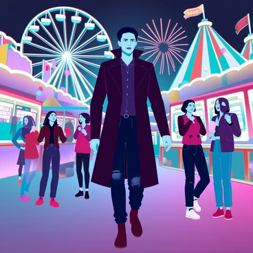 A figure resembling "Lucifer" with sharp features and an enigmatic expression is walking through a bustling carnival. He is dressed in a tailored black coat and fitted trousers, exuding an air of confidence. Surrounding him are "vibrant lights" illuminating colorful attractions such as a Ferris wheel and game stalls. Various groups of people enjoy the carnival, with "children laughing" and "couples sharing cotton candy." In the background, a "fireworks display" lights up the night sky, adding to the festive atmosphere. The scene is filled with "brightly colored tents" and "neon signs" advertising games and rides, creating an energetic and lively setting.