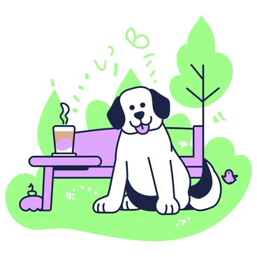 A friendly dog with a wagging tail is sitting beside a latte on a park bench. The dog has a shiny coat and bright eyes, looking content. The latte is placed on a small table next to the bench, with steam rising gently from its surface. The park is filled with green grass and a few scattered trees in the background. Sunlight filters through the leaves, creating a warm and inviting atmosphere around the scene. A couple of birds can be seen perched nearby, adding to the lively nature of the park.