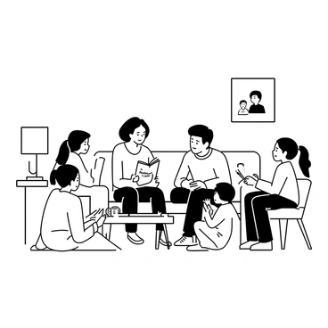 A family of four is sitting in a cozy living room, engaging in a discussion. The mother, wearing a sweater and holding a book titled "14th Amendment," is sitting on a comfortable sofa, while the father, in a casual shirt, leans forward with an attentive expression. Their teenage son is seated on the floor, jotting down notes on a notepad, and their daughter, with her hair in a ponytail, is sitting cross-legged on a chair, listening intently. A warm glow from a nearby lamp illuminates the room, and a framed picture of the family hangs on the wall. A coffee table in front of them holds a few snacks and drinks, contributing to the inviting ambiance.