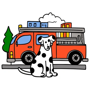 A Dalmatian dog with black spots on a white coat is sitting attentively in front of a bright red firetruck. The dog has an alert expression, with its ears perked up and tail wagging, conveying a sense of readiness. The firetruck has shiny chrome details and is adorned with emergency lights. The scene is set outdoors, showcasing the firetruck parked on a street, with a few trees and buildings in the background, emphasizing the busy environment of a fire station.